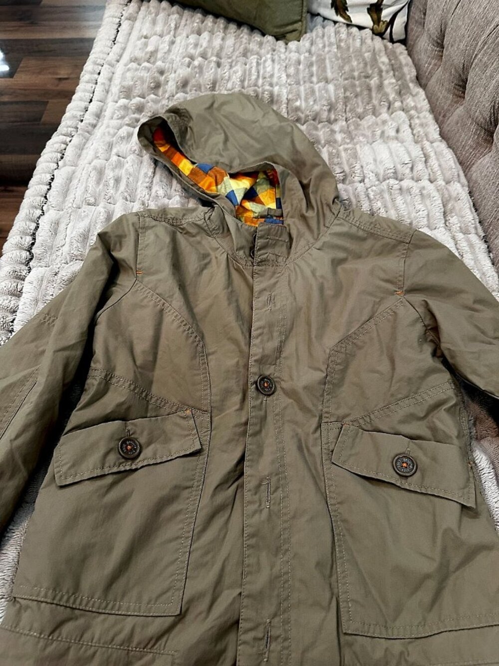 Genuine Kids OshKosh Khaki Hooded Rain Jacket Multi-Color Buffalo Plaid Lining